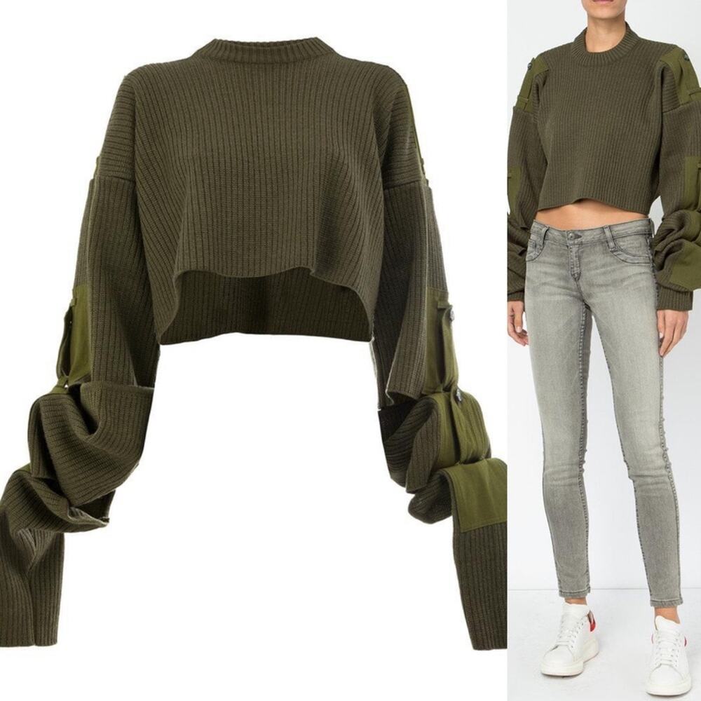 Y/Project Olive Green Cotton Cropped Sweater with Detachable Sleeves